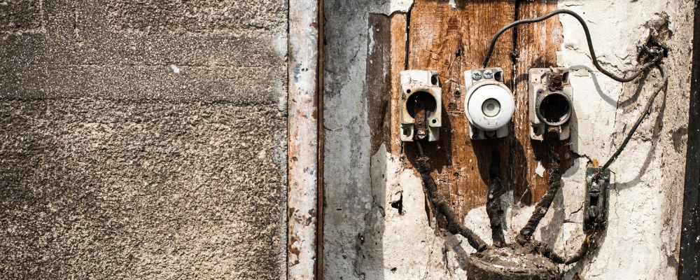 Old, weathered electrical components mounted on a crumbling wall with exposed and deteriorating wires.