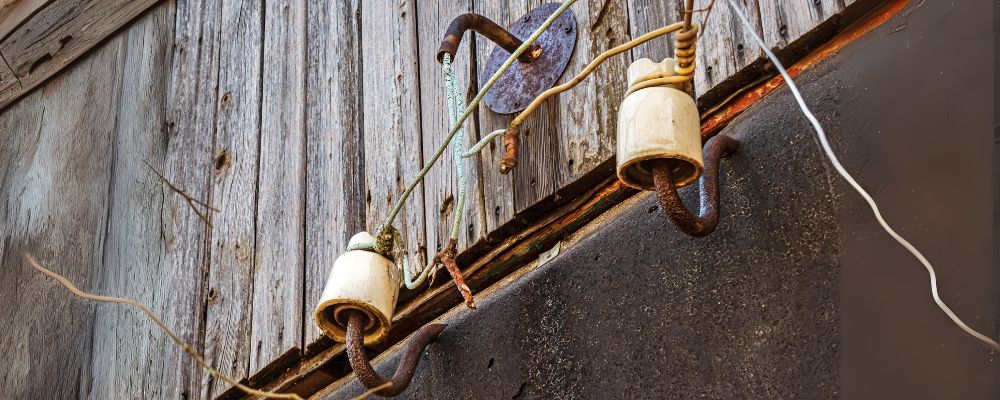 Rusty insulators with exposed wires mounted on a weathered wood and metal exterior wall.