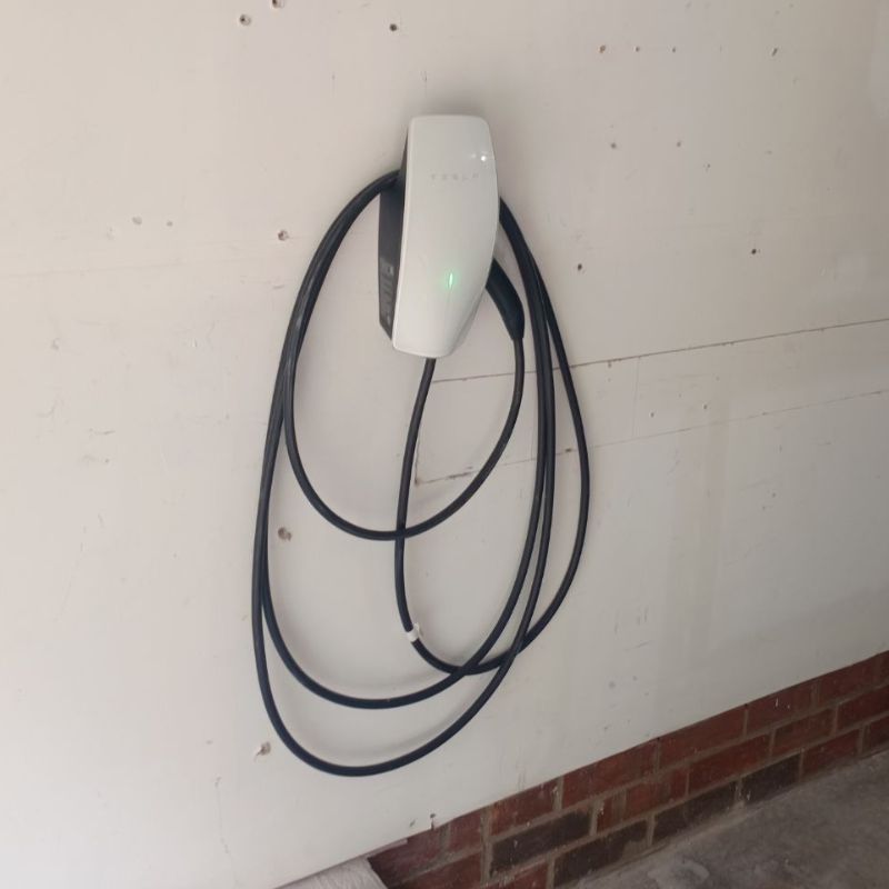 Electrical Vehicle charging station next to curb and purple bushes.