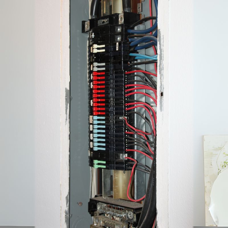 Zinsco electrical panel with brightly colored breaker switches in red, blue, and green, an obsolete design known for safety issues.